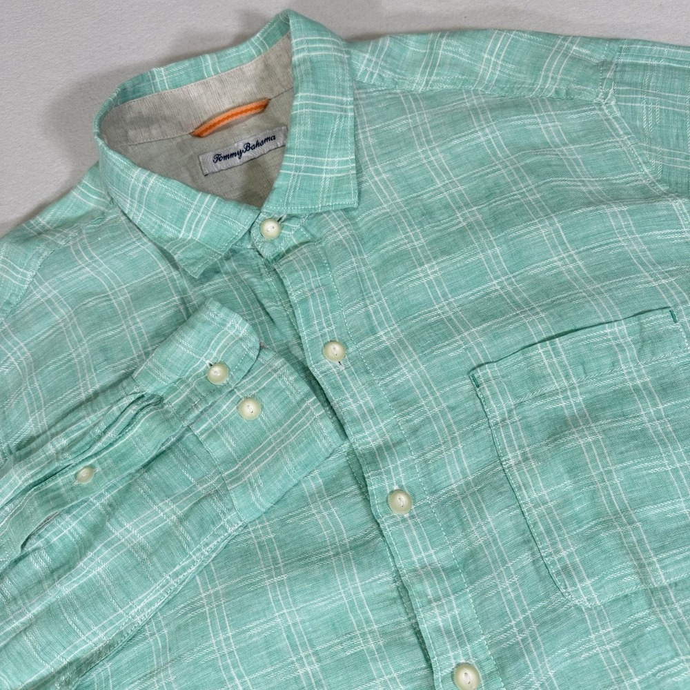 Tommy Bahama Ventana 100% Linen Shirt Men's Large Green Plaid Long Sleeve Button